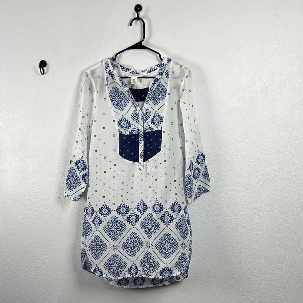 H&M L.O.G.G. Dress Tunic Prairie‎ Boho Smock Women’s Size 12 Blue White Sheer